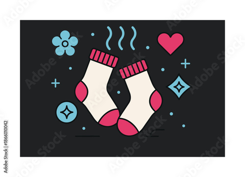 Cozy Socks Freshness. Cozy socks ? laundry freshness. Warm socks tumble gently with soft steam lines; clean geometric icons float like scent notes. Modern