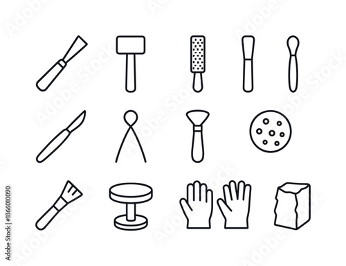 Sculpting Tool Icons. Sculpting tools. Line icon set of Sculpting tools: chisel, mallet, rasp, file, clay knife, wire cutter, loop tool, sponge, brush, carving