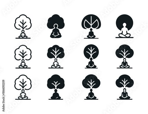 Solitude Logo Variations. Embracing Solitude and Personal Time. Icon set. Set Logo of Embracing Solitude and Personal Time: person sitting peacefully under a