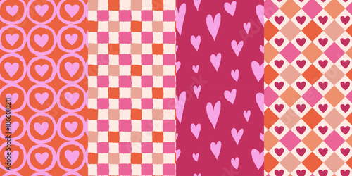 Vector set of seamless patterns, abstract hand-drawn sketchy style,  love and Valentine's day decorative wrapping paper with hearts and flowers