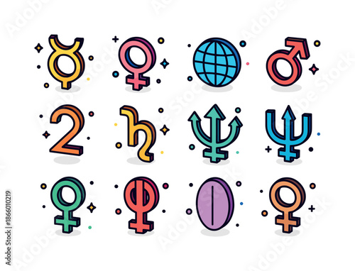 Colorful Planetary Icon Set. Planetary Symbols. Colorful isometric vector icons set of Planetary Symbols: mercury glyph, venus glyph, earth symbol, mars glyph,