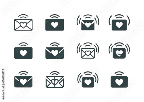 Long-Distance Love Icons. Long-distance relationship dynamics. Icon set. Set Logo of long-distance relationship dynamics: envelope with heart and signal waves.