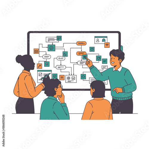 Vibrant 2D flat graphic illustration showing a diverse business team engaging in a productive morning brainstorming session around a digital whiteboard