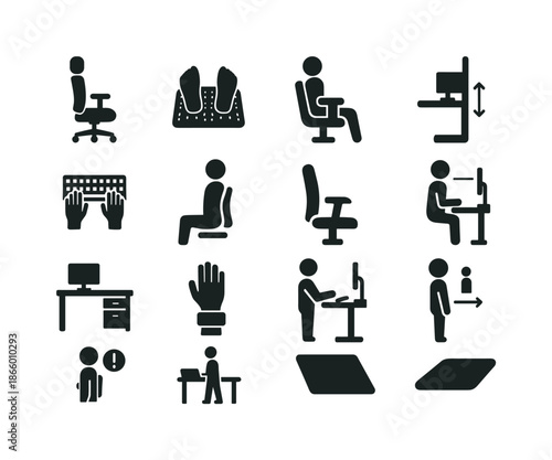 Ergonomic Workspace Icons. Ergonomic workspace. Solid icon set of Ergonomic workspace: adjustable chair, footrest, monitor height, keyboard position, lumbar