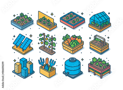 Rooftop Farming Icons. Rooftop Farming. Colorful isometric vector icons set of Rooftop Farming: rooftop beds, planter boxes, wind barriers, irrigation lines,