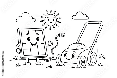 Solar Tool Fun. Solar-powered outdoor tools children?s coloring book illustration, outlined drawing, a friendly solar panel charging a simple garden tool,