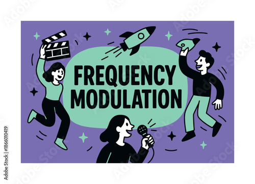 Vibrant Broadcasting Scene. Frequency modulation banner, flat vector illustration, bold oversized text inside rounded blob, cartoon characters dancing and