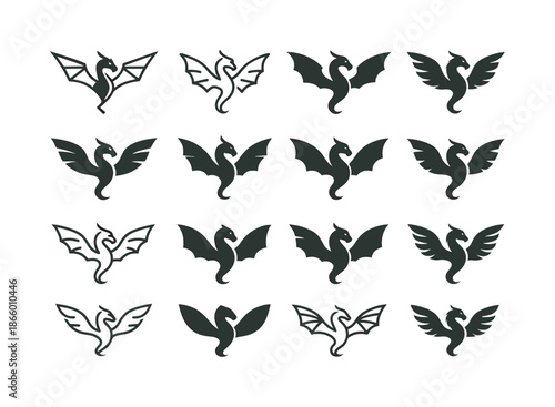 Winged Creature Logos. Winged creatures. Icon set. Set Logo of winged creatures: dragon with wings spread. harmonious logo variations of the same emblematic