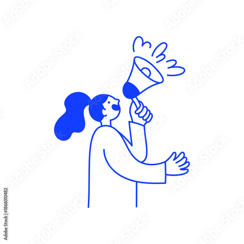 Vector illustration in simple linear hand drawn style, girl holding megaphone, advertising concept
