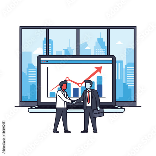 Two business colleagues successfully conclude a remote partnership agreement with a virtual handshake over a giant laptop screen in this vibrant 2D flat graphic illustration of deal closure