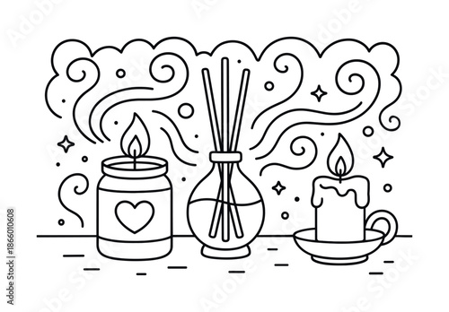 Cozy Coloring Page. Scent and atmosphere children?s coloring book illustration, outlined drawing, gentle swirl lines coming from candles or diffusers creating