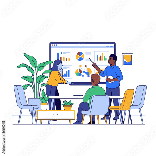 Three diverse colleagues collaborating on data analysis with enthusiastic pointing around a large digital whiteboard in a clean, modern flat graphic office setting