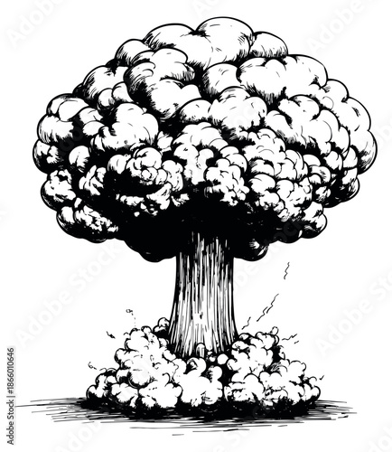 Hand drawn line art illustration of a mushroom cloud depicting a powerful explosion for concepts of war and destruction