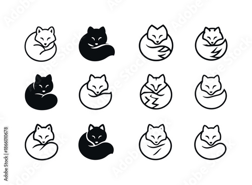 Arctic Fox Logo Variations. Arctic. Icon set. Set Logo of Arctic: arctic fox curled in winter coat. harmonious logo variations of the same emblematic concept,