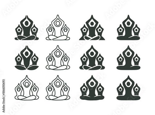 Fitness Icon Set. Fitness challenge ideas for groups. Icon set. Set Logo of Fitness challenge ideas for groups: yoga pose. harmonious logo variations of the