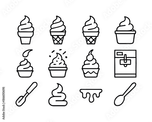 Soft Serve Icon Set. Soft serve. Line icon set of soft serve: swirl cone, twist cone, waffle cone, cup, topping drizzle, sprinkles, cherry, soft serve machine,