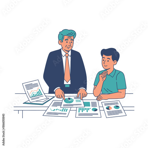 Professional training and mentorship by a senior manager guiding a junior team member reviewing project documents on a clean desk, created as a bright 2D flat graphic illustration