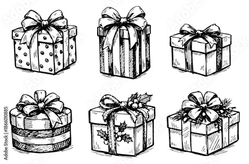 Hand drawn line art gift box set featuring various wrapped presents with bows and festive decorations for holidays and celebrations