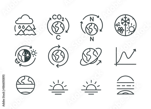 Earth Cycles Icons. Earth cycles. Line icon set of Earth cycles: water cycle, carbon cycle, nitrogen cycle, seasons wheel, day/night cycle, rotation arrow,