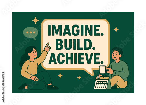 Create, Collaborate, Conquer. Imagine. Build. Achieve. banner, flat vector illustration, bold oversized text inside sticker outline, cartoon characters sitting