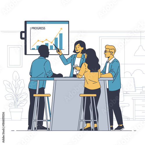 Four young diverse colleagues participate in a lively morning stand up meeting, reviewing progress on a large screen in this vibrant 2D flat graphic scene