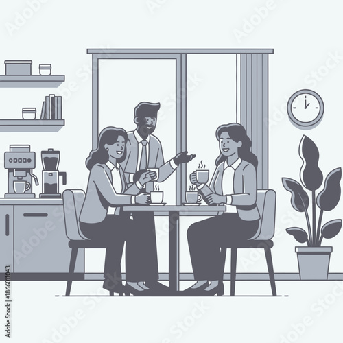 graphic illustration showing three smiling business colleagues having an informal meeting and exchanging ideas while drinking hot beverages in a stylish corporate breakroom, promoting synergy