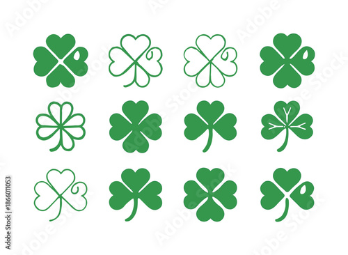 Four-Leaf Clover Logos. Four-leaf clover. Icon set. Set Logo of Four-leaf clover: clover with dewdrop. harmonious logo variations of the same emblematic