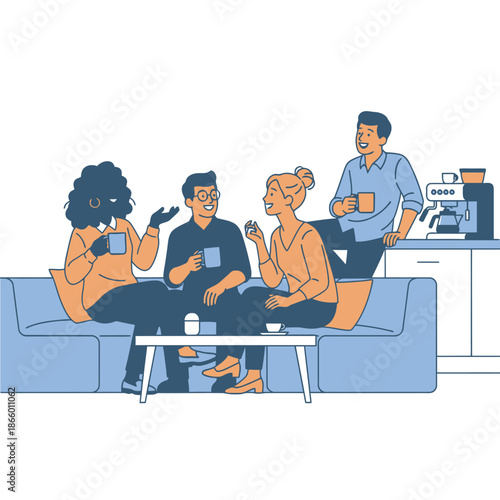 Four happy young employees enjoying a vibrant coffee break and laughing together in a modern office kitchen, depicted in a 2D flat graphic illustration