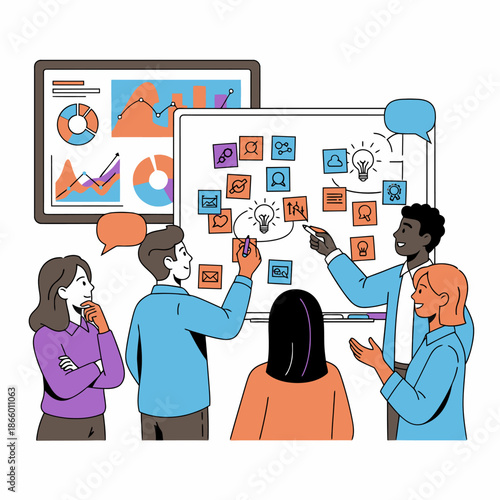 Four diverse professional colleagues actively brainstorming new ideas around a large whiteboard full of sticky notes, presented as a colorful 2D graphic illustration on a clean white background