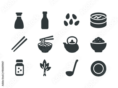 Asian Cuisine Icons. Asian Cuisine Elements. Solid icon set of Asian Cuisine Elements: soy sauce bottle, fish sauce bottle, sesame seeds, bamboo steamer,