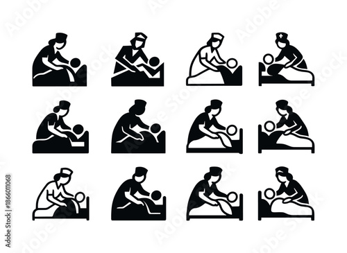 Nurse Care Icon Set. Nurses Caring for Patients in Hospitals. Icon set. Set Logo of Nurses Caring for Patients in Hospitals: nurse placing blanket over