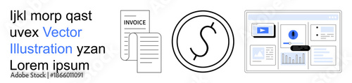 Financial management, online payments, data analytics, business planning, corporate finances, digital transactions. You see invoices, a dollar icon and a data dashboard. Financial management