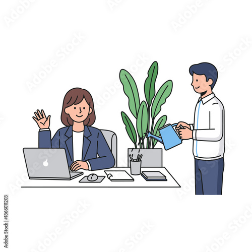 Flat 2D graphic scene of a satisfied female employee closing her laptop and waving goodbye, promoting work life balance while her colleague waters a plant in a brightly lit modern office environment