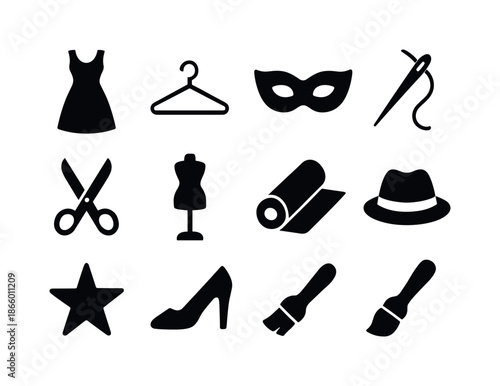 Costume Design Icons. Costume design. Solid icon set of Costume design: dress, hanger, mask, needle, thread, scissors, mannequin, fabric roll, hat, star, shoe,