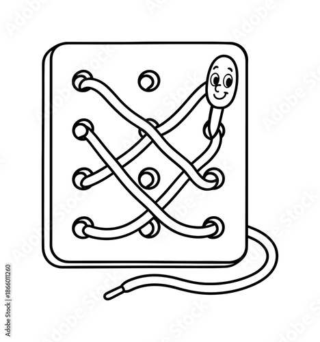 Lacing Practice Board. Lacing practice board children?s coloring book illustration, outlined drawing, simple board with holes and a long cartoon lace for kids