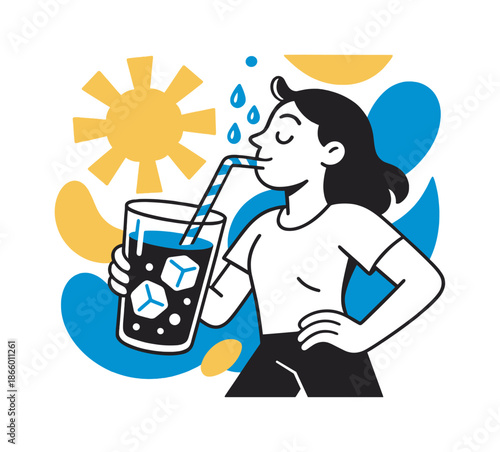 Iced Drink Delight. Iced drink moment. A cold beverage with ice cubes and a striped straw being sipped under abstract sunrays; condensation droplets float