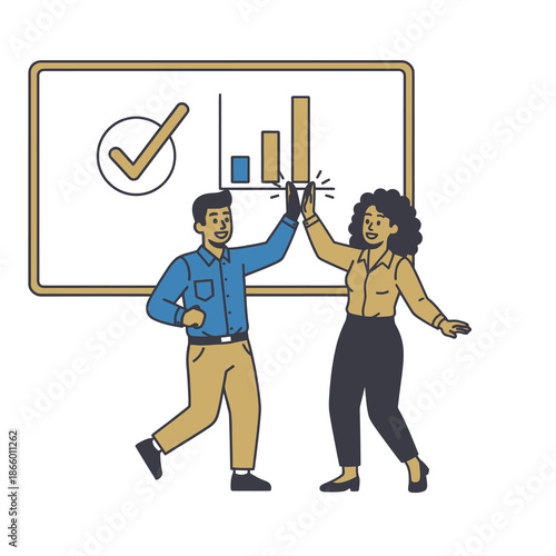 Flat 2D graphic illustration showing two enthusiastic colleagues giving a celebratory high five next to a whiteboard, symbolizing successful teamwork and professional goal achievement