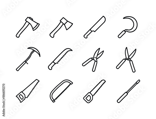 Sharp Tool Icons. Sharp tools. Line icon set of Sharp tools: axe, hatchet, machete, sickle, scythe, pruning saw, pruning shears, hedge clippers, lopper, hand