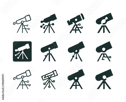 Astronomy Tech Logos. Astronomy and technology integration. Icon set. Set Logo of Astronomy and technology integration: telescope. harmonious logo variations