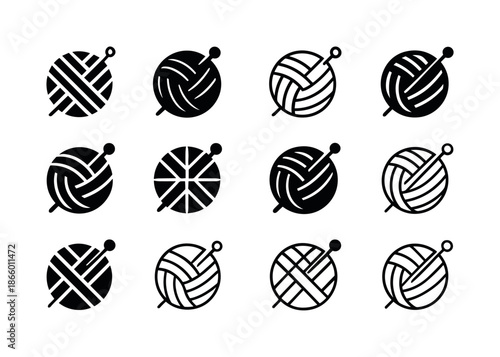 Natural Fibers Icons. Natural Fibers. Icon set. Set Logo of Natural Fibers: wool yarn ball. harmonious logo variations of the same emblematic concept, each