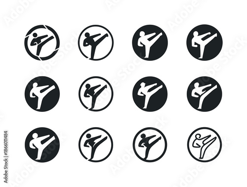 Martial Arts Logo Set. Martial Arts Training and Competitions. Icon set. Set Logo of Martial Arts Training and Competitions: circular kick motion. harmonious