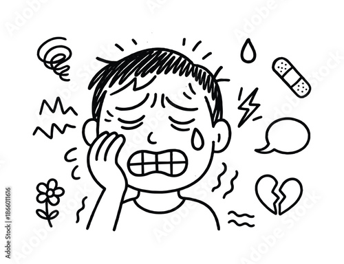 Expressive Face Doodle. Painful expression. Hand-drawn doodle illustration Painful expression furrowed brow, teardrop, clenched teeth, drooping eyes, stress