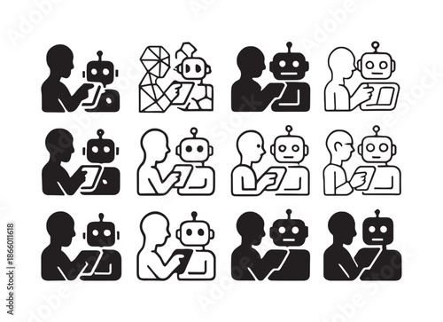 Robot Control Icons. A person controlling a robot via a tablet. Icon set. Set Logo of A person controlling a robot via a tablet: Robot Head Displaying Input