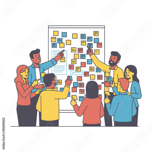 Diverse team conducts an energetic stand up meeting discussing process optimization in a bright 2D flat graphic scene around a large agile board covered in colorful sticky notes
