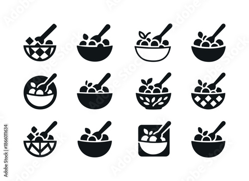 Charoset Logo Variations. Charoset Mixture. Icon set. Set Logo of Charoset Mixture: mixing spoon stirring fruit blend. harmonious logo variations of the same