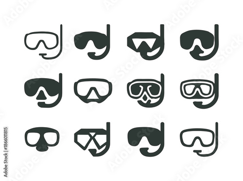 Scuba Gear Icons. Scuba Gear. Icon set. Set Logo of Scuba Gear: diving mask. harmonious logo variations of the same emblematic concept, each with different
