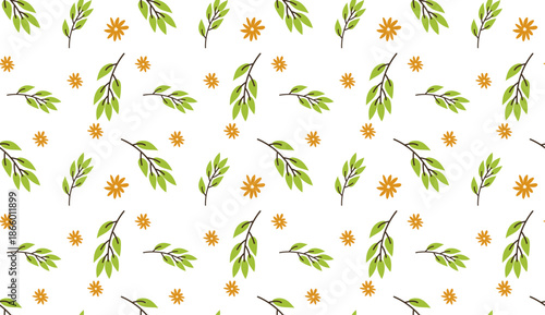 Seamless Easter Vector Pattern with Spring Flowers, and Green Branches on a White Background. Holiday background for Textiles, Wrapping Paper, and Seasonal Decor.