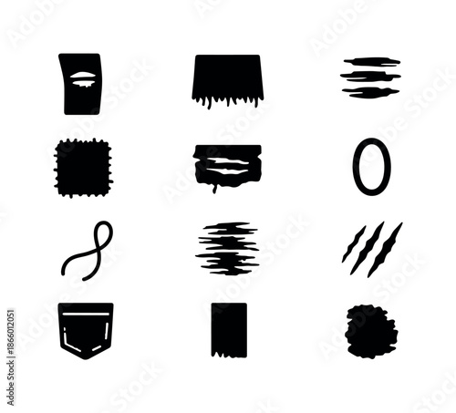 Distressed Denim Icons. Distressed denim elements. Solid icon set of distressed denim elements: torn knee, frayed hem, shredded cut, rough patch, fabric rip,