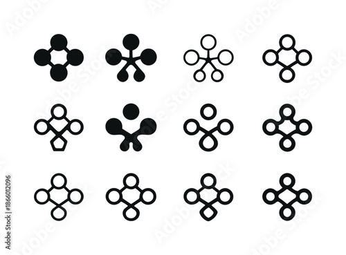 Creative Network Icons. Crowdsourced design projects. Icon set. Set Logo of crowdsourced design projects: creative network nodes. harmonious logo variations of