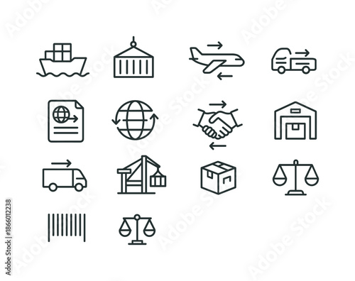 International Trade Icons. Imports and exports between countries. Line icon set of imports and exports between countries: cargo ship, container, airplane,
